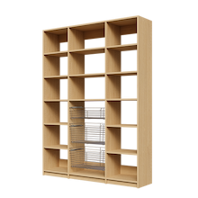 Three smooth glide wire baskets in a 63 inch natural oak pantry.