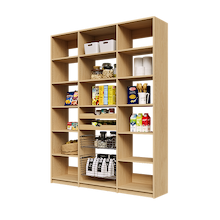 66 inch natural oak reach in pantry with two wood pull-out drawers and two pull-out wire baskets.
