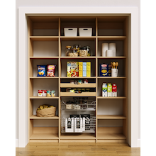 66 inch natural oak pantry shelving featuring a mixed drawer and basket storage section.