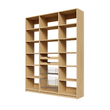 Two wood pull-out drawers and two pull-out wire baskets in 66 inch natural oak pantry shelving.
