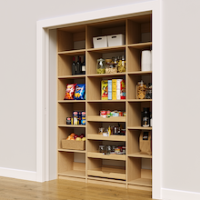 66 inch vertical pantry racks in natural oak pantry with four wood pull-out drawers.