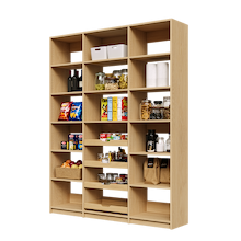 66 inch natural oak reach in pantry with four wood pull-out drawers.