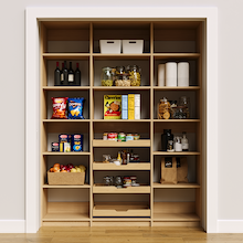 66 inch natural oak pantry shelving for organizing a family kitchen pantry.