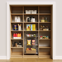 66 inch natural oak pantry shelves for organizing a family kitchen pantry.