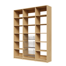 Three sliding wire baskets in 66 inch natural oak kitchen pantry shelving.