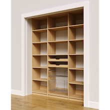 Two wood pull-out drawers and two pull-out wire baskets in 69 inch natural oak pantry shelving.