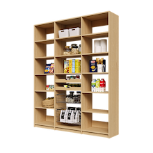 69 inch natural oak pantry shelving with two wood pull-out drawers and two pull-out wire baskets.