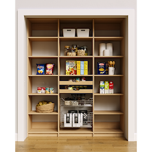 Natural oak 69 inch pantry storage showing the signature wood drawer and pull-out wire basket combination.