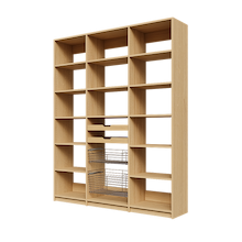 Two wood pull-out drawers and two pull-out wire baskets featured in 69 inch natural oak kitchen pantry shelving.