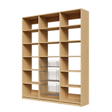 Three deep wire baskets featured in 69 inch natural oak kitchen pantry shelving.