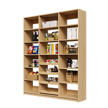 69 inch natural oak pantry shelving with four sliding wood pull-out drawers.