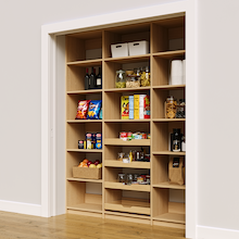 69 inch natural oak reach in pantry racks with four wood pull-out drawers for groceries.