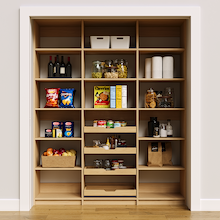 Natural oak 69 inch pantry storage with open shelves for easy food access.