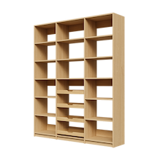 Four sliding wood drawers featured in 69 inch natural oak kitchen pantry shelving.