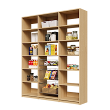 69 inch natural oak pantry shelving with three sliding wire storage baskets.