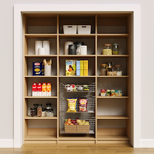 Natural oak 69 inch pantry storage with open shelves for easy food access.
