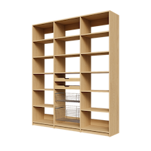 Two wood pull-out drawers and two pull-out wire baskets in a 72 inch natural oak kitchen larder.
