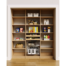 72 inch natural oak pantry shelving highlighting the double wood drawer and pull-out wire basket sections.