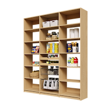 Large 72 inch natural oak pantry wall with two wood pull-out drawers and two pull-out wire baskets.