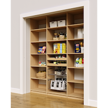 Natural oak 72 inch reach in pantry shelves with two wood pull-out drawers and two pull-out wire baskets.