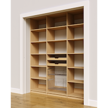 72 inch natural oak pantry storage with two wood drawers and two pull-out wire baskets.