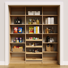 72 inch natural oak pantry shelving for organizing bulk food and appliances.