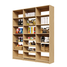 Large 72 inch natural oak pantry wall with four sliding wood drawers.