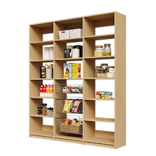 Large 72 inch natural oak pantry with adjustable shelves.