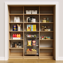 72 inch natural oak pantry shelves with three wire baskets for small appliances.
