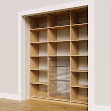 Wide view of 72 inch natural oak pantry storage with wire baskets.
