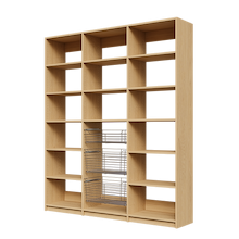 Three sliding storage baskets in a 72 inch natural oak kitchen pantry.