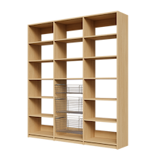 Three chrome pull-out wire baskets in a 75 inch natural oak reach in pantry.