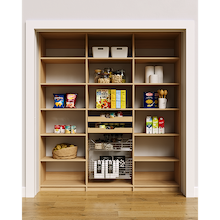 75 inch natural oak kitchen shelving with layered wood drawers and pull-out wire baskets.