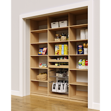 Natural oak 75 inch pantry rack with two wood drawers and two pull-out wire baskets for storage.
