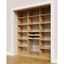 Adjustable storage layout in 75 inch natural oak pantry shelving with two wood drawers and two pull-out wire baskets.
