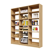 75 inch natural oak pantry shelving with adjustable shelving, two wood pull-out drawers, and two pull-out wire baskets.