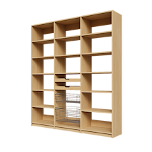 Two wood pull-out drawers and two pull-out wire baskets in a 75 inch natural oak reach in pantry.