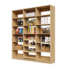 75 inch natural oak pantry shelving with adjustable shelving and four wood pull-out drawers.