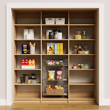 75 inch natural oak kitchen shelves for organizing large pantry supplies.