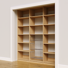 75 inch natural oak adjustable storage layout pantry with three wire baskets.