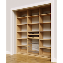 Two wood pull-out drawers and two pull-out wire baskets in 78 inch natural oak pantry shelving.