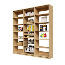 Natural Oak 78 inch classic pantry kit with two wood pull-out drawers and two pull-out wire baskets.