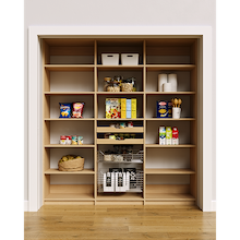Natural oak 78 inch pantry storage featuring the mix of wood drawers and pull-out wire baskets.