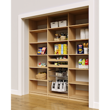 Reach in pantry racks in natural oak with 78 inch width, two wood drawers, and two pull-out wire baskets.
