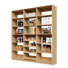 78 inch natural oak pantry shelving with four sliding wood drawers.