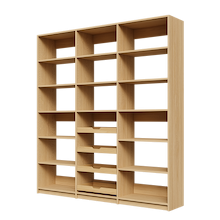 Four sliding wood shelves featured in 78 inch natural oak pantry.