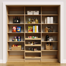 Natural oak 78 inch pantry storage with adjustable shelves and four wood pull-out drawers.