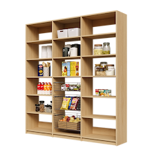 78 inch natural oak pantry shelving with three sliding wire storage baskets.