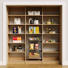 Natural oak 78 inch pantry storage with adjustable shelves and three wire baskets.