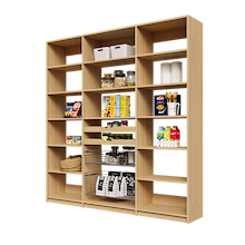 Large 81 inch natural oak pantry shelving with two wood pull-out drawers and two pull-out wire baskets.